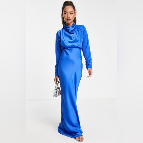 ASOS Design High Neck Drape Cowl Neck Bishop Sleeve Maxi Gown Blue Size 12 - Picture 1 of 7